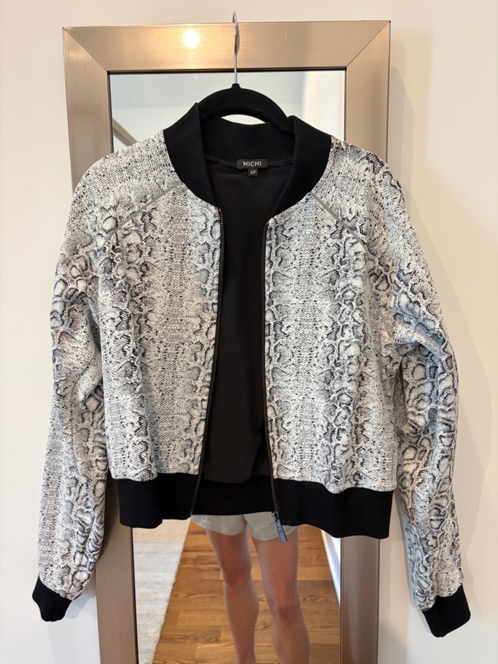 MICHI Snake-Print Bomber Jacket in Black & White